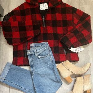 NWT NORDSTROM Faux fur cabin buffalo plaid thick fleece pullover 1/2 zip…